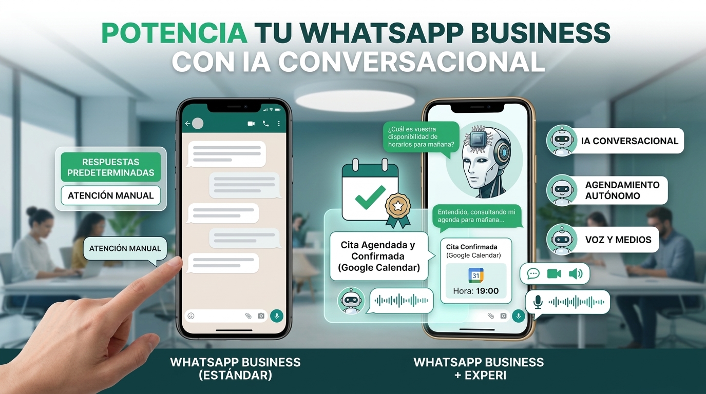 Illustración comparativa entre WhatsApp Business y solución de WhatsApp Business + Experi